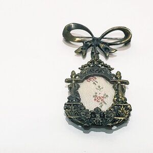 Bow Dangling Embroidery Flowers Frame Brooch Pin 2" Metal Fabric Vintage